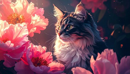 Majestic Maine Coon cat surrounded by vibrant pink flowers
