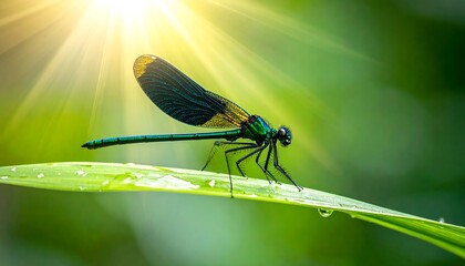 A dragonfly perches on a dewy leaf with sunlight shining through