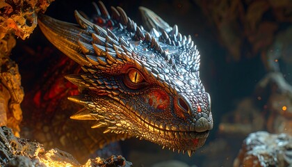 Mythical dragon creature with fiery gaze in dark fantasy cave