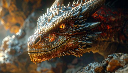 Mythical dragon creature with fiery gaze and sharp spikes