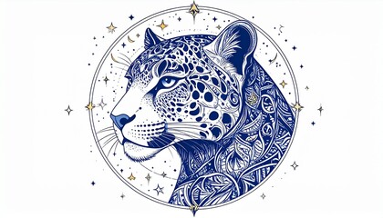 Majestic leopard head in celestial circle with stars