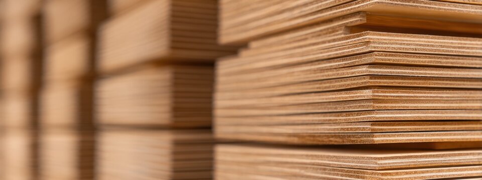 Stacks of brown cardboard sheets tightly aligned in a warehouse, showing layered, textured edges. Close tones