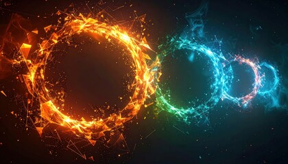 Abstract swirling rings of orange and blue light particles in dark space with glowing bokeh