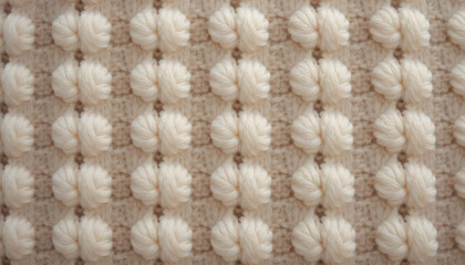 Close-up view of knitted texture in soft beige tones, showcasing handcrafted design with repeating yarn patterns, creating a soothing cozy aesthetic with warm simplicity and tactile textile detail.
