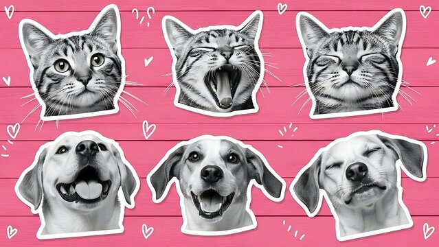 Collage of Happy Cats and Dogs with Hearts on Pink Background.