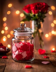 A glass jar filled with heart-shaped candies on a wooden table with roses and lights