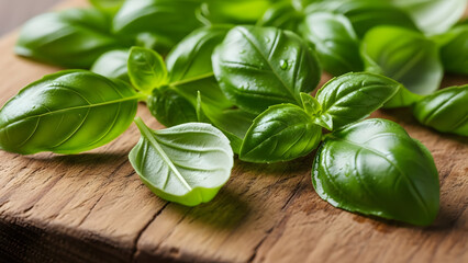 Fresh basil leaves on wooden surface