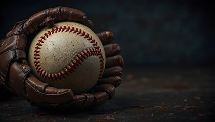 Moody baseball background featuring an old ball in a leather glove close-up with dark copy space