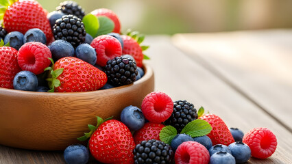 Fresh berries served in wooden bowl