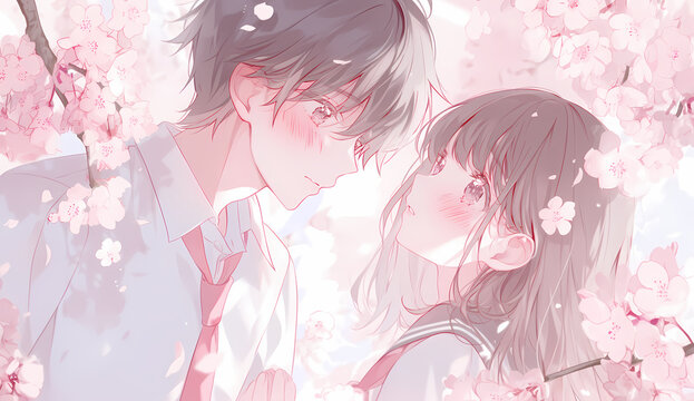 Romantic Anime School Couple Under Cherry Blossoms Spring Love Illustration
