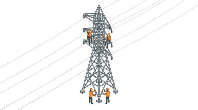 Isometric power transmission tower illustration, utility workers maintaining high voltage lines, electricity grid infrastructure maintenance isolated vector design