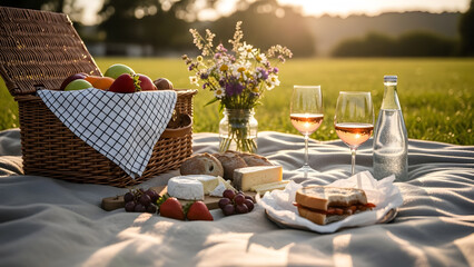 Romantic picnic setup with wine and flowers