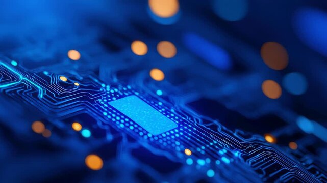 Microchip on blue circuit board glowing electronic pathways and light with orange bokeh creating futuristic technology and electronic circuit design