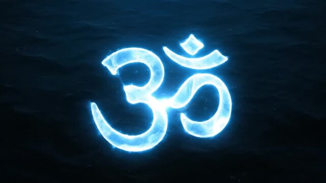 Glowing blue Om symbol on a dark background with a mystical mood.