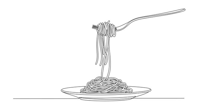 Artistic sketch of a fork lifting a tall strand of spaghetti from a plate creating a dramatic food art illustration