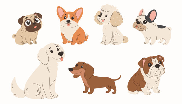Cute cartoon dogs set, different dog breeds illustration. Cute cartoon dogs set featuring different popular dog breeds including pug, corgi, poodle, french bulldog, golden retriever, dachshund and bul