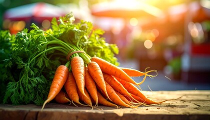 A bunch of fresh carrots on a wooden surface with blurred background