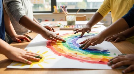 Obraz premium Children's hands creating a colorful rainbow painting on paper. Various skin tones and ages are represented in this collaborative art activity.
