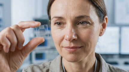 A middle-aged Caucasian woman examines a small glass slide in a laboratory setting. She has brown hair and a focused expression, surrounded by scientific equipment.
