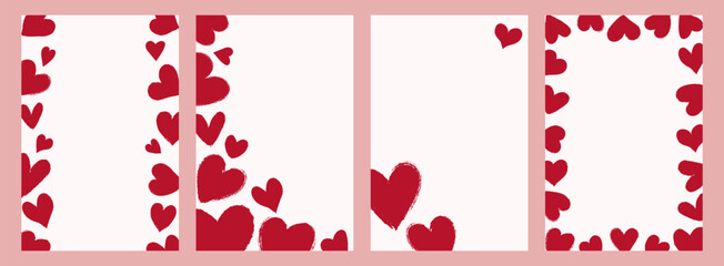 Set 4 romantic vertical backgrounds for Valentines Day. Grunge texture hearts. Flat vector illustration. Universal design for card, poster, invitation, cover, label.