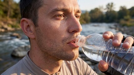 A young Caucasian man with short hair drinks water from a plastic bottle by a river. The background features trees and flowing water, emphasizing outdoor hydration.