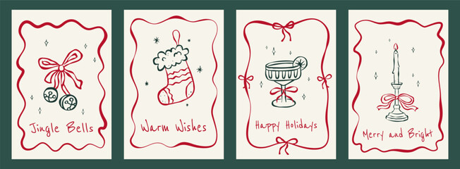 Minimalist Christmas card set with hand drawn bells, stocking, holiday cocktail and candle, red borders and festive typography Jingle Bells, Warm Wishes, Happy Holidays, Merry and Bright.