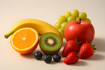 Assorted Fresh Fruits with Banana, Orange, Kiwi, Grapes, Apple, Strawberries, and Blueberries on Light Background