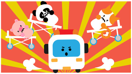 Fototapeta premium 出動する救急車と担架の動物たちのかわいいイラスト