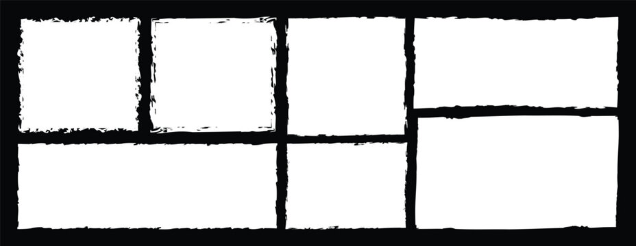 White vector rough edge rectangles on black background.  grungy dirty textures. Hand-drawn vector elements.
