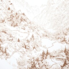 Sepia-toned landscape sketch depicts a winding road through a mountainous valley with trees and structures