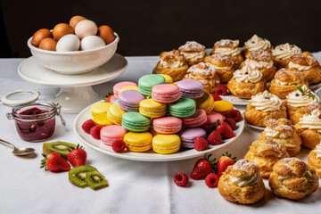 Assortment of colorful macarons, cream puffs, and fresh berries on a white tablecloth