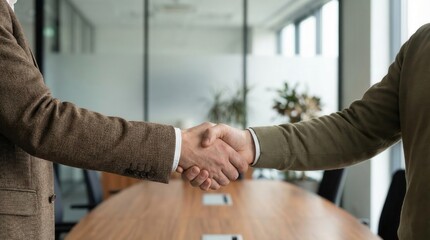 Two men shaking hands in a modern office setting. One man has light skin and is wearing a brown suit, while the other has light skin and is in a green sweater.