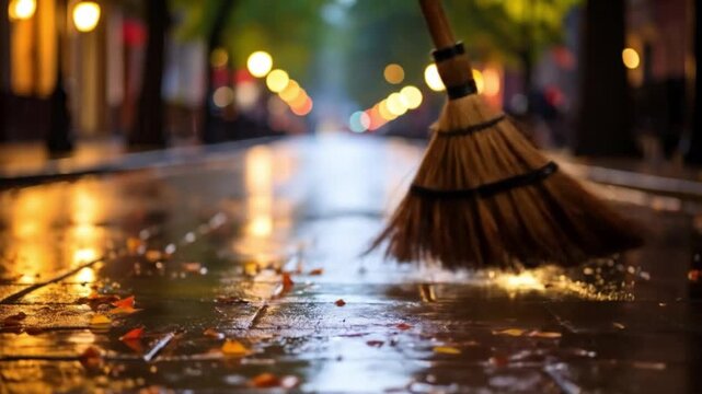Broom sweeping wet street with bokeh lights background