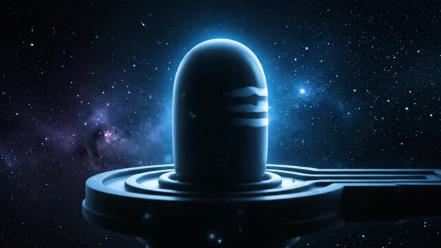 Glowing shiva lingam in a mystical, starry night sky with a cosmic background