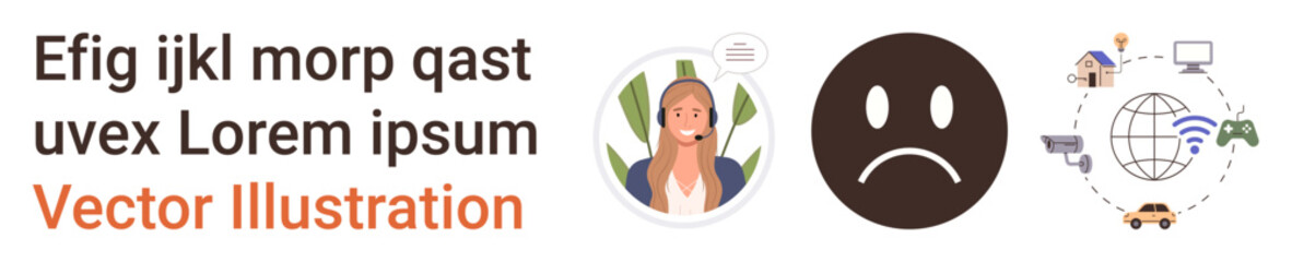 Fototapeta premium Business services, digital communication, customer assistance, emotional feedback, online connection, technology. Sad face, headset operator and global network icons. Business services and digital