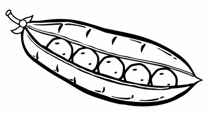 Fototapeta premium A simple black and white illustration of a pea pod with five peas inside viewed from the side