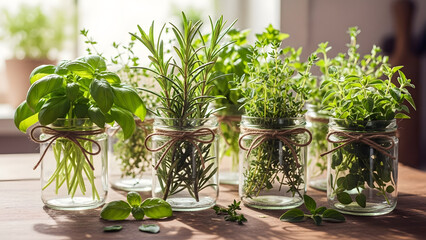 Fresh herbs growing in glass jars on windowsill