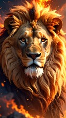 Fototapeta premium A close-up of a lion's face with a fiery mane and intense gaze