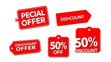 Red Promotional Tags – 'SPECIAL OFFER', 'DISCOUNT', '50% OFF', '50% DISCOUNT' with Typo 'PECIAL OFFER