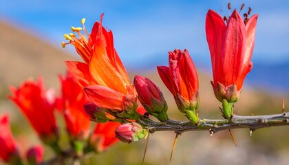 A close-up of vibrant orange flowers on a thorny branch against a blurred background