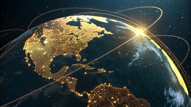 Digital Globe Spinning with Glowing Network Lines Connecting Continents, Global Communication Concept, Cinematic Lighting, Space Background