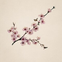 Watercolor illustration of a blossoming branch with delicate pink flowers and small insect