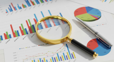 ​3D Illustration of Business Financial Analysis with Magnifying Glass, Pen, and Data Charts