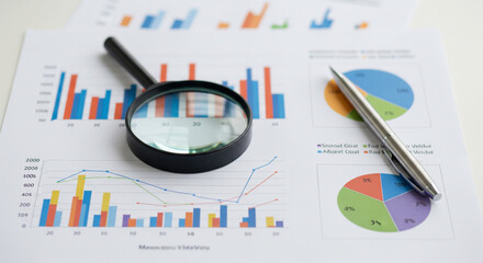Financial Analysis Concept with Magnifying Glass, Silver Pen, and Business Data Charts