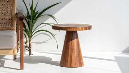 Rustic Wooden Side Table with Natural Grain Texture Outdoors Bright Sunlight