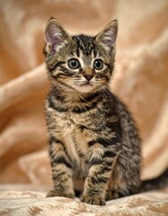 A cute tabby kitten sitting on a beige fabric