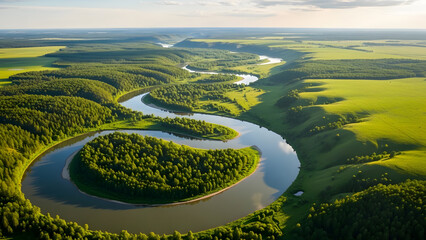 Scenic aerial view of a winding river flowing through lush green countryside