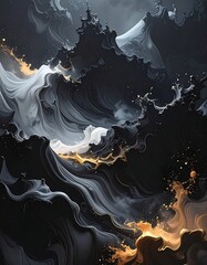 A dark, abstract artwork with swirling black, gray, and white clouds and golden accents