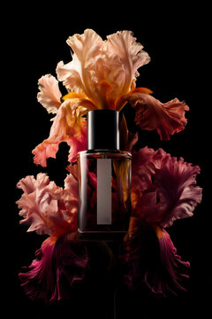Frasco de perfume sobre fondo de flores iris, Perfume nicho con iris bicolor sobre fondo negro, Mockup para marca de fragancias de lujo, Bodeg&oacute;n minimalista de perfume y flores