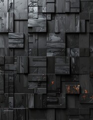 A dark grey abstract wall composed of numerous rectangular blocks